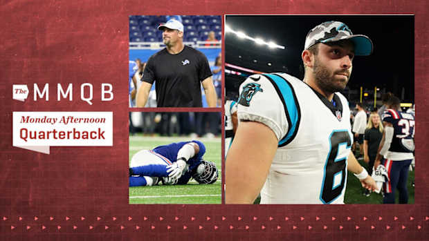Three-cut of Baker Mayfield walking off the field as a Panther, Lions coach Dan Campbell and Giants defensive end Kayvon Thibodeaux clutching his injured knee.
